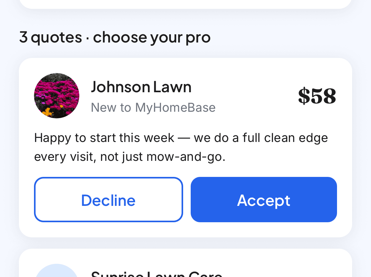 Two quotes from local pros, side by side, with Accept or Decline on each