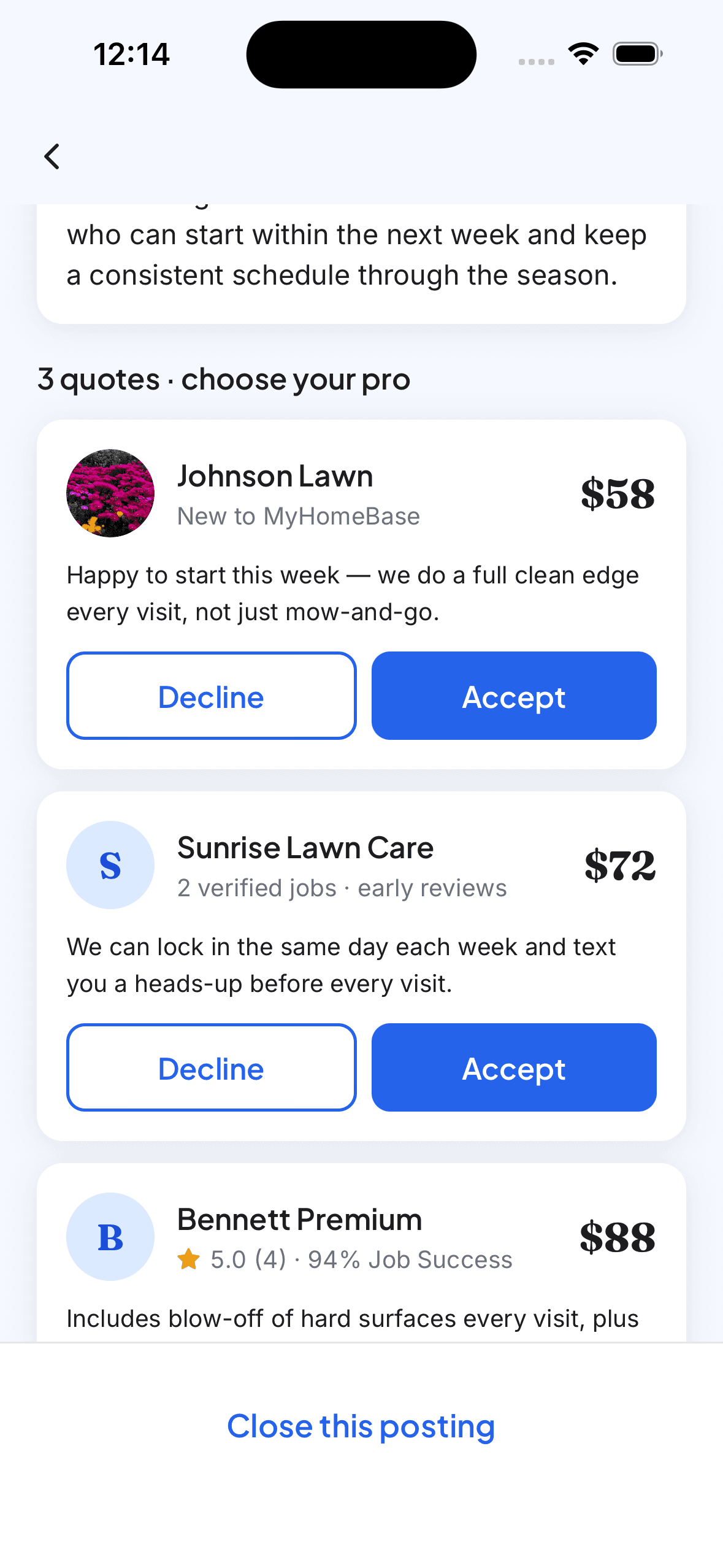 Three quotes from local pros in the MyHomeBase app, each with a price and Accept or Decline