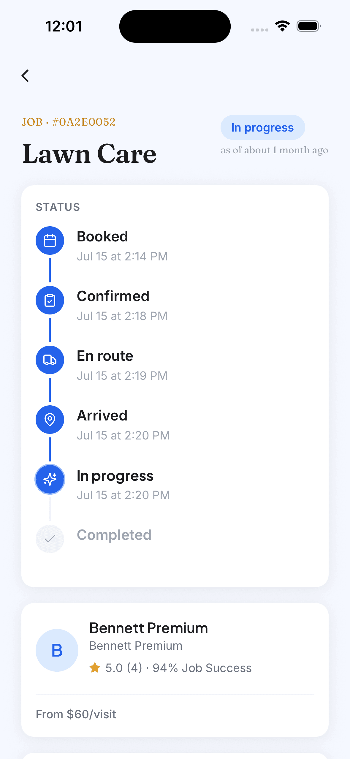 A job timeline moving from booked through arrived to in progress