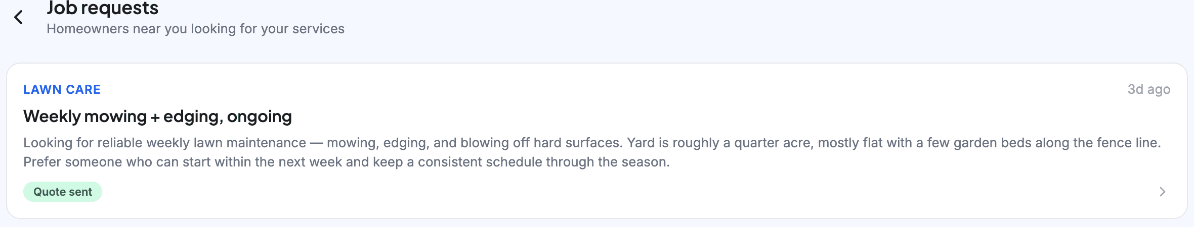 The provider app's job requests screen: one lawn care request from a homeowner nearby, marked quote sent.