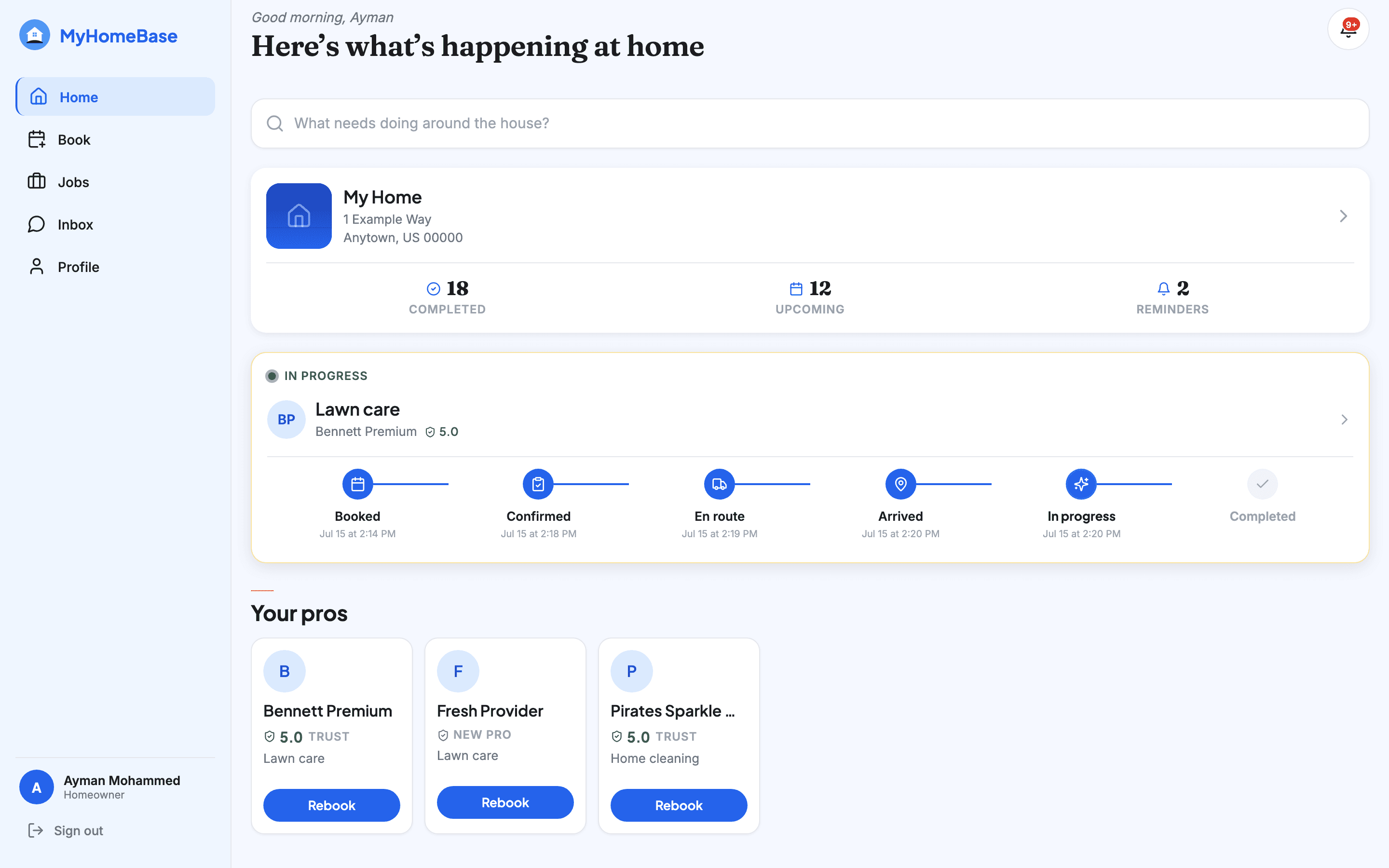 The MyHomeBase web dashboard: a home summary, a lawn care job moving through its timeline, and the homeowner's saved pros